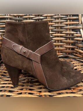 Cole Haan Suede Harness High Heel Ankle Booties Size 9.5 Dark Brown Bootie